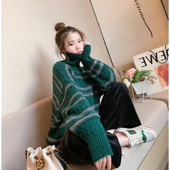 

2020 NEW Korean Style Turtleneck Sweater Woman Winter Autumn Female Pullover Casual Striped Knitted Pullover Jumper Women