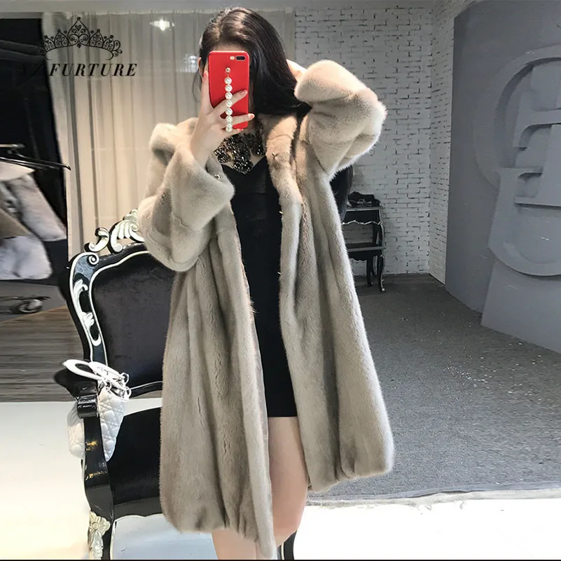 Lady Furture Winter Long Mink Fur Coat for Women Loose style Nature Jacket With Hood Luxury Warm Oversize Female | Женская одежда