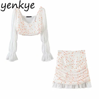 

Chiffon Patchwork 2 piece set women Long Sleeve Crop Top + Draped Skirt Sexy two piece set skirt ensemble femme XQB2600