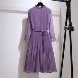 Feminino floral chiffon vestidos com forro outono manga longa feminino plissado colarinho vestido plus size