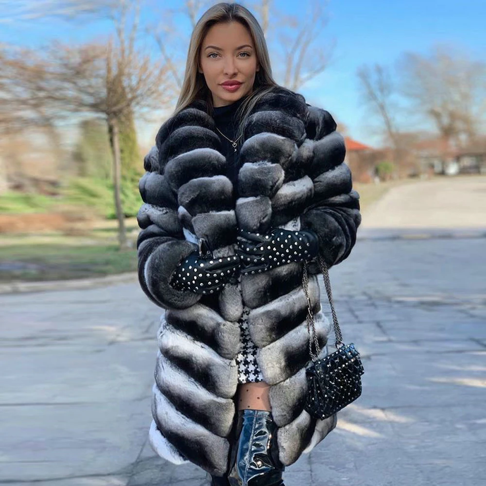 Natural Women Rex Rabbit Fur Coat Winter 2022 New Full Pelt Genuine Rex Rabbit Fur Coats with Turn-down Collar Trendy Overcoats