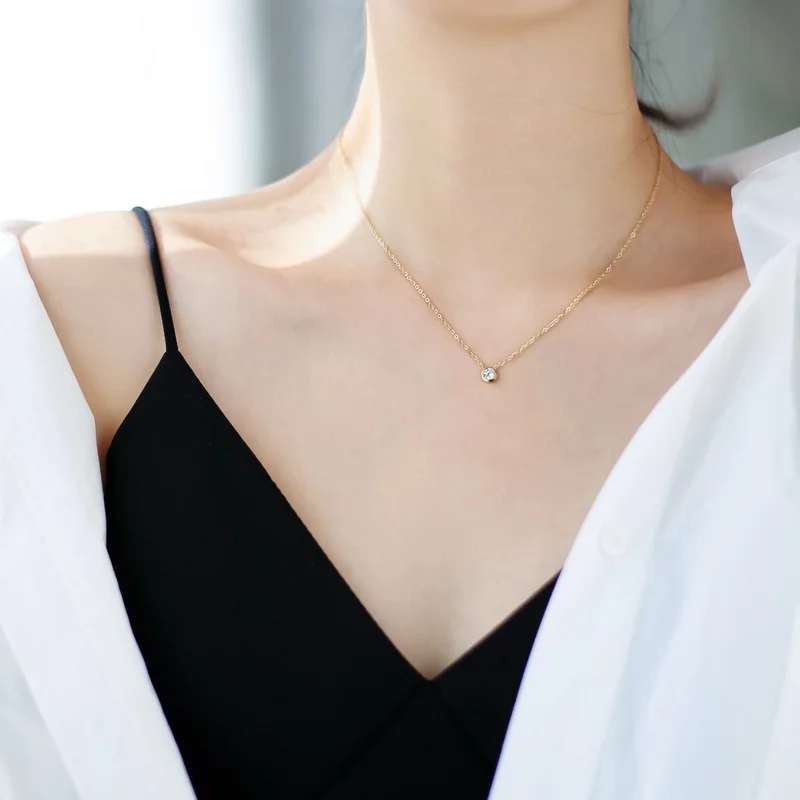 

South Korea 14k Gold Single Diamond Necklace Choker CHIC Simple Normcore Style Cool Elegant Women's Sweater Chain Lovers' Day