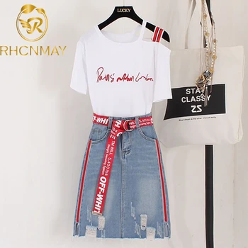 

New Summer Women 's Denim Skirt Suit Embroidery Letter Slash Neck T-shirt + Sashes Tassel Jean Skirt 2 Piece Set
