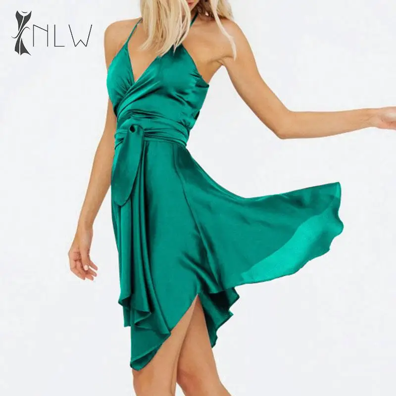 NLW сексуальное атласное нарядное платье с v-образным вырезом женское ночное Клубное синее мини-платье без рукавов с открытой спиной без рукавов плюс размер короткое платье Vestido