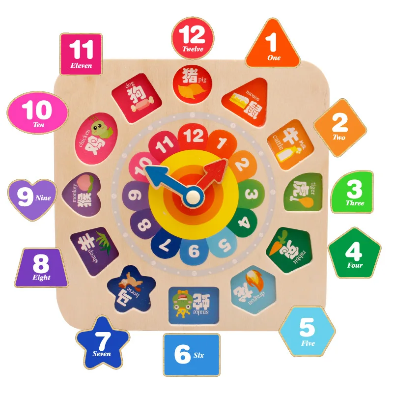 

MWZ Cartoon Building Blocks Threading Clock Chinese Zodiac with Numbers Matching Beaded Bracelet Wearing Rope Children Early Edu