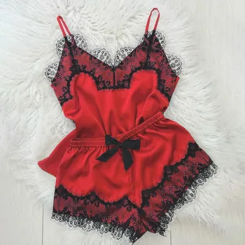 

S-2XL Size Women's Sleepwear Sexy Satin Pajama Set Black Lace V-Neck Pyjamas Sleeveless Cute Cami Top and Short pijama mujer