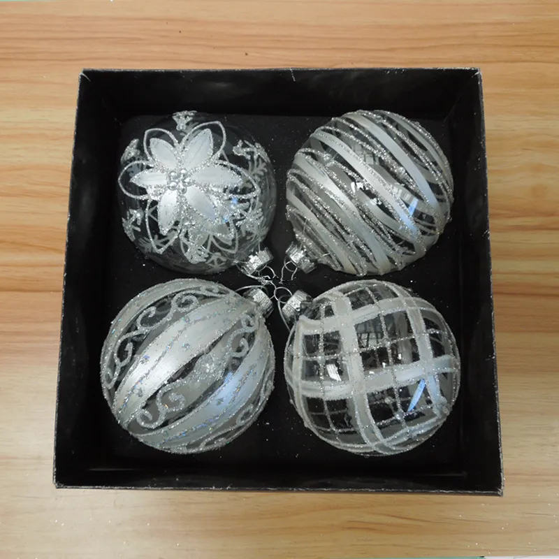 

4pcs/pack Diameter=8cm Different Drawing Silver Painting Hanging Glass Ball Christmas Day Decoration Globe Festival Friend Gift
