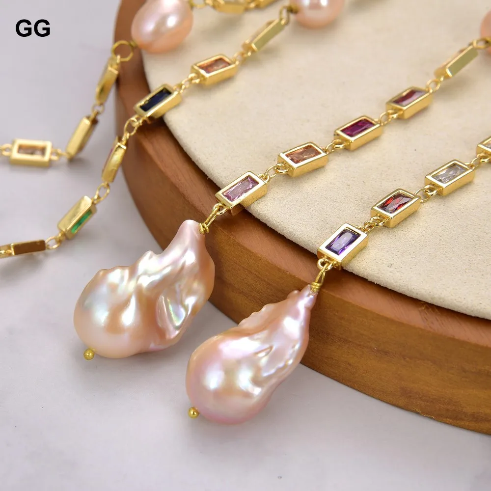 

G-G 50" Cultured Pink Keshi Pearl Mixed Color Rectangle Cz Pave Long Chain party sweater chain necklace for women