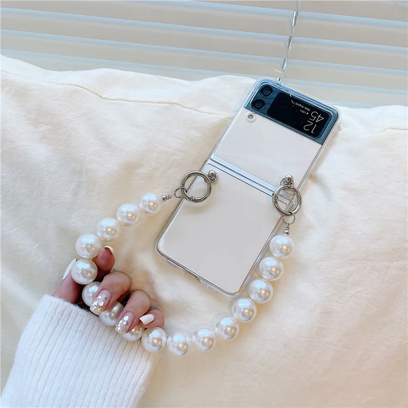 

Luxury Pearl Lanyard Phone Cases For Samsung Galaxy Z Flip 4 3 5G Fashion Wristband Back Cover Case For Samsung Z Flip 1 2