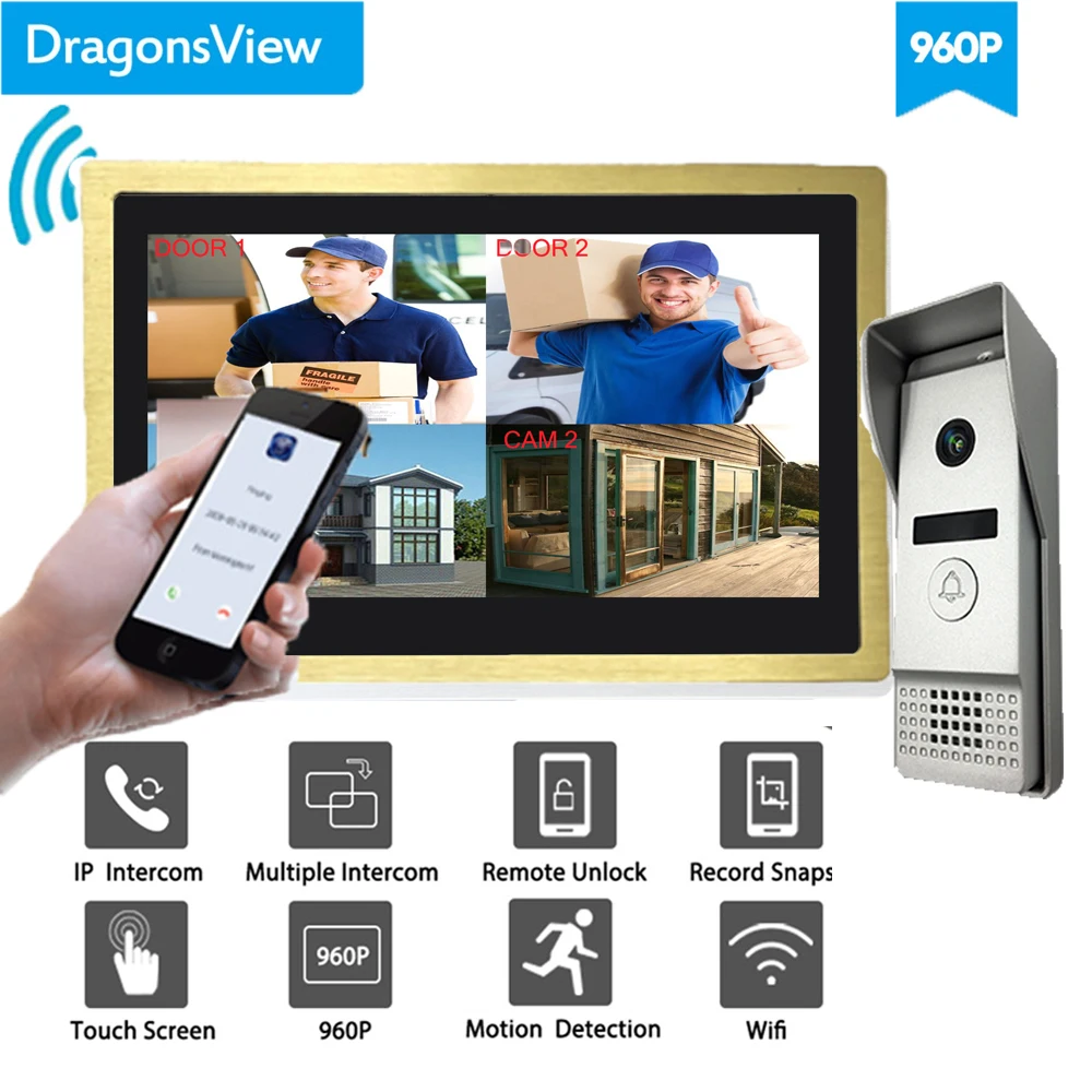 Dragonsview 10 дюймов Большой экран Wifi беспроводной видео домофон дверной звонок Домофон широкий угол 960P HD Запись голосовых сообщений - Цвет: Set 1 No SD Card