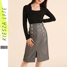 Женская элегантная Глянцевая юбка с высокой талией, с разрезом, до колена, на пуговицах, для офиса, для леди, серые юбки