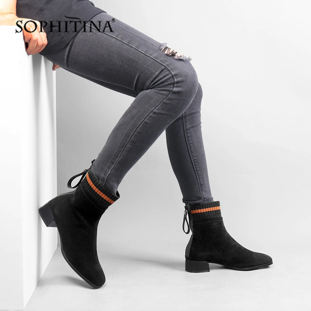 

SOPHITIN New Women's Boots High Quality Kid Suede Fashion Mixed Color Comfortable Square Heel Shoes New Handmade Boots C525