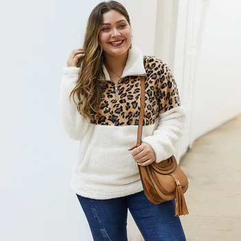 

Plus Size Fall Fashion Plush Warm Hoodies Turn Down Collar Pocket Leopard Patchwork Sweatshirts Women Winter Loose Casual Hooded