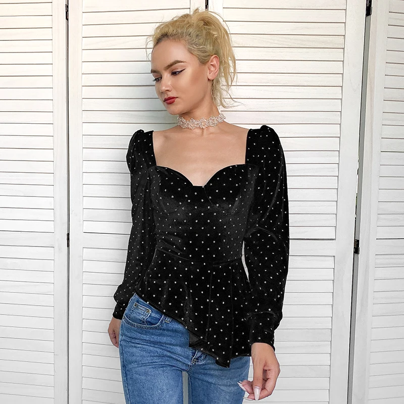 Rapwriter Elegant Square Collar Long Sleeve Faux Diamond Velvet T-shirt Women Harajuku Irregular length Hem Black Shirt Top
