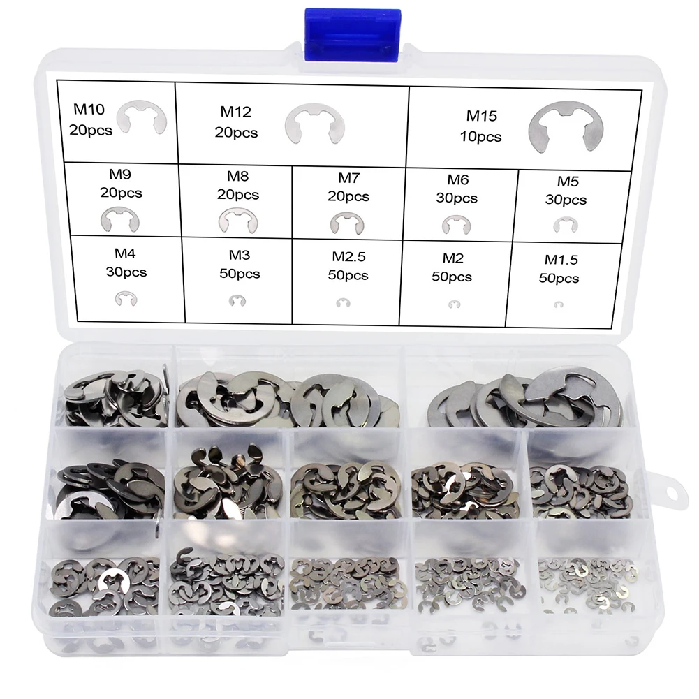 

400PCS External Retaining Ring Set M1.5-M15 E-Clip Small Tool Rust Resistance Stainless Steel Washer Snap Internal Opening