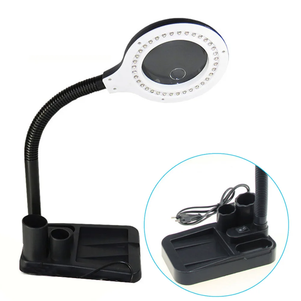 

5X-10X Glass Lens LED Magnifying Lamp Reading Room Bedroom Magnifier Light Desktop Free Stand Study Library USB Office Home