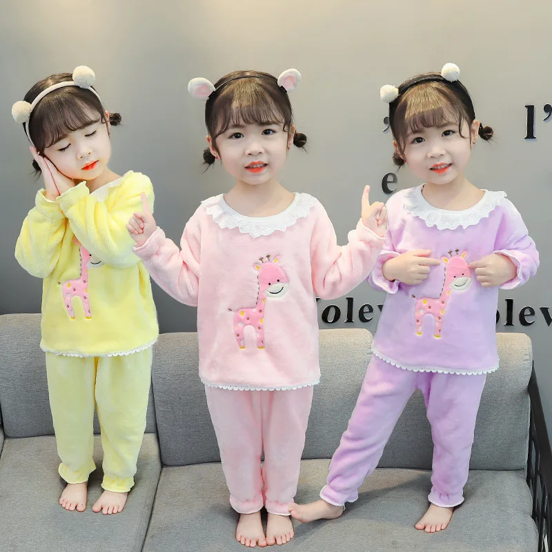 

2020 Autumn And Winter Children Clothing Girls Flannel Home Wear Children Baby Coral Fleece Two-Piece Children Pajamas Set