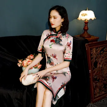 

Knee Length Chinese Style Dress Vintage Ladies Short Qipao Classic Stage Show Elegant Female Cheongsam Plus Size XXXL