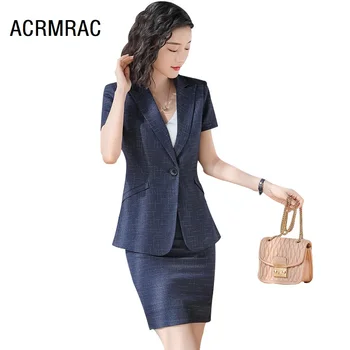 

women suits summer plaid Short sleeve blazers skirt 2 piece set OL Formal Work clothes women skirt suits woman set suits 3207