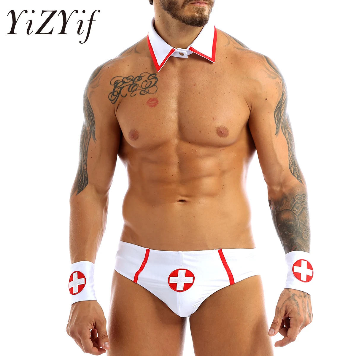 

Men Gay Sexy Lingerie Set Doctor Nurse Waiter Tuxedo Cosplay Role Play Costume Fancy Clubwear Jockstraps Briefs with Collar Cuff