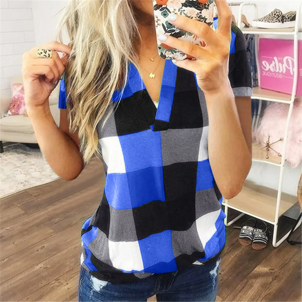 Fashion Plaid T Shirt Plus Size Cotton tshirt Casual Summer Ladies Sexy V-Neck Tunic Tops Female Women Short Sleeve Shirt Blouse