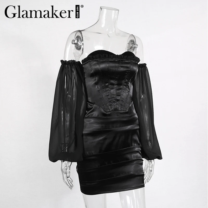 Glamaker предложение Черное мини-платье с открытыми плечами женское сексуальное шикарное короткое вечернее платье с открытой спиной лоскутное винтажный буф платье с длинными рукавами
