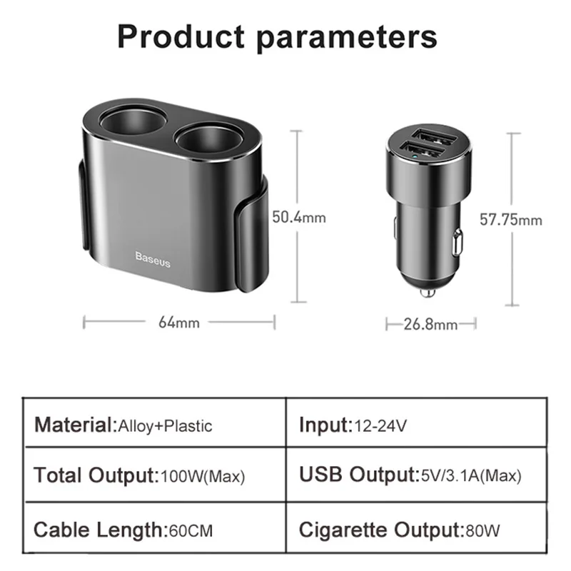 Baseus Dual USB Автомобильное зарядное устройство 3.1A 100 Вт разветвитель гнезда прикуривателя для Iphone XS 11 samsung телефон автомобильное зарядное устройство авто расширитель