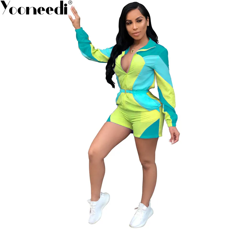 Yooneedi, новые модные стильные женские костюмы, 4 цвета, пэчворк, круглый вырез, молния, длинный рукав, женские комбинезоны, спортивные костюмы, OSM4060