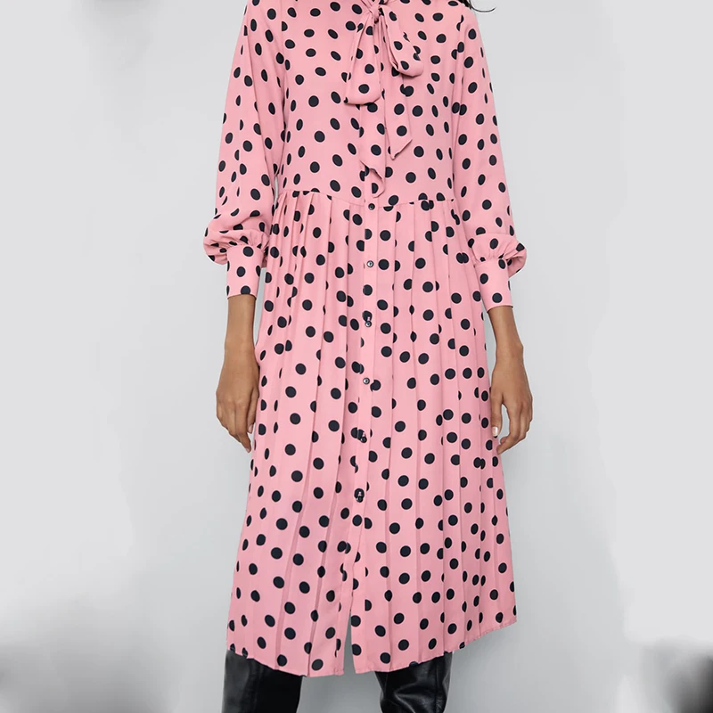 Мода Новинка осени Для женщин, украшенная бантом, с узором в горошек Плиссированные платье ZA розовое длинное богемное платье пляжное вечерние друг/сестра