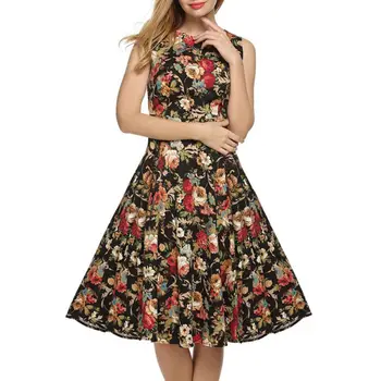 

2019 Women Flower Print Sleeveless Summer Vintage Dress Sexy Floral Midi