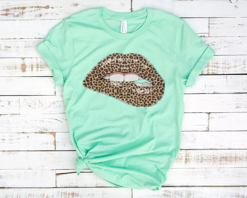 Leopard Dripping Lips Cheetah Lips Kiss Animal print Women's graphic  Fashion Casual Cotton Round Neck Female Shirt Short Sleeve - AliExpress