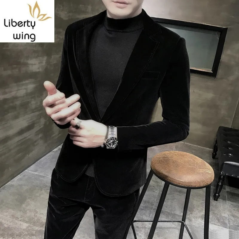 

Brand Long Sleeve Blazer Men Fashion Single Button Jacket Pants Two Piece Set Party Wedding Office Slim Fit Formal Suit