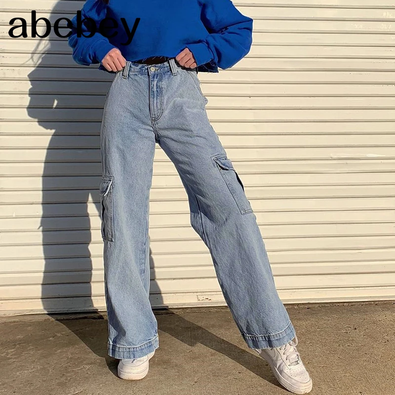Calça jeans feminina de cintura alta com bolsos, peça jeans reta de 100%  algodão|Jeans| - AliExpress