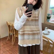 Женский зимний свитер с v-образным вырезом, Женский хлопковый Мягкий трикотажный жилет без рукавов, пуловеры, свитер с геометрическим узором