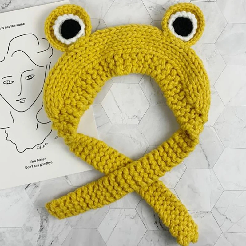 Yellow Зимние женские шапки с рисунком лягушки и большими глазами, теплые шапки-ушанки, вязаные шапки, новинка, милые шапки для девочек и мальчиков - Цвет: Yellow
