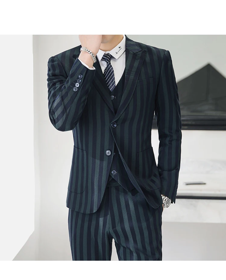 Casual Striped Suit Men korean Green business wedding Slim Fit mens suits costume homme 3 piece Plus Size 5XL blazers suit