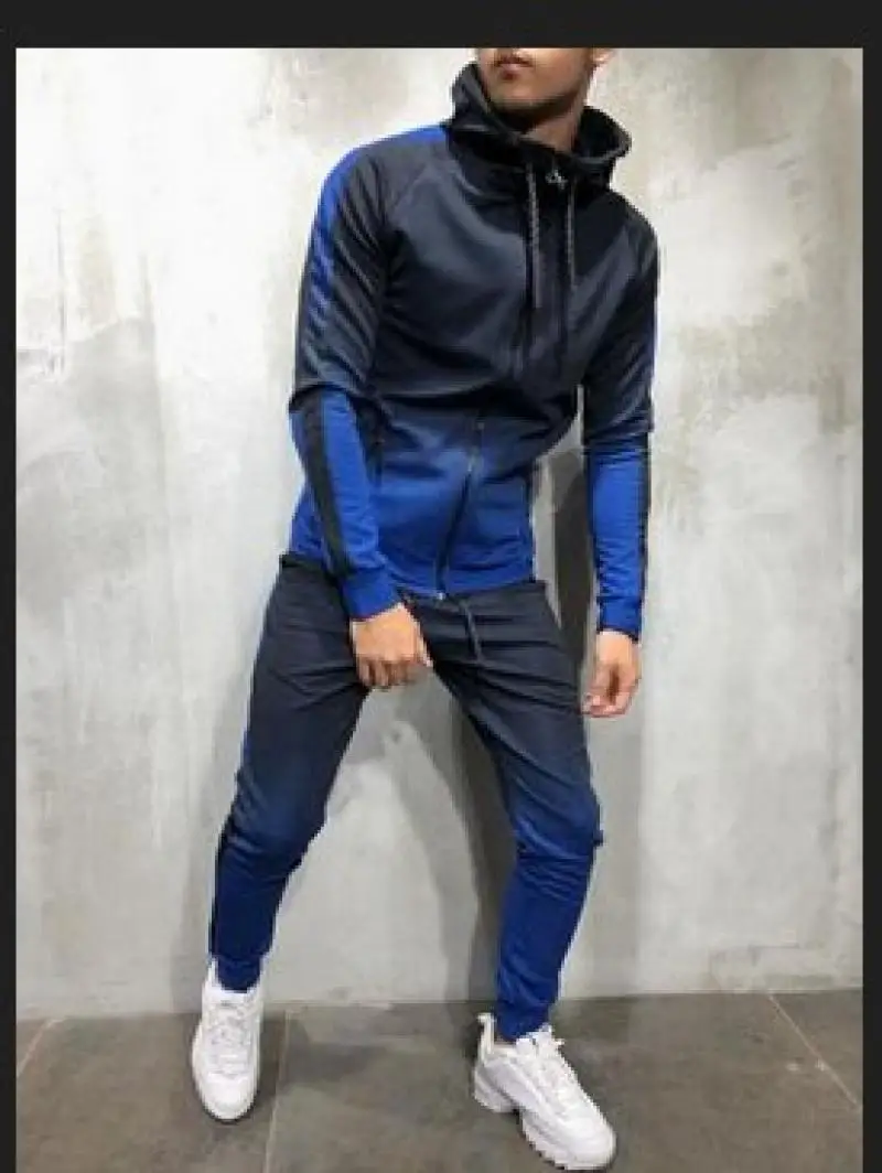 Fashionable men's high neck gradient color sportswear hoodie tops jogger gym plain zipper pocket slim fit