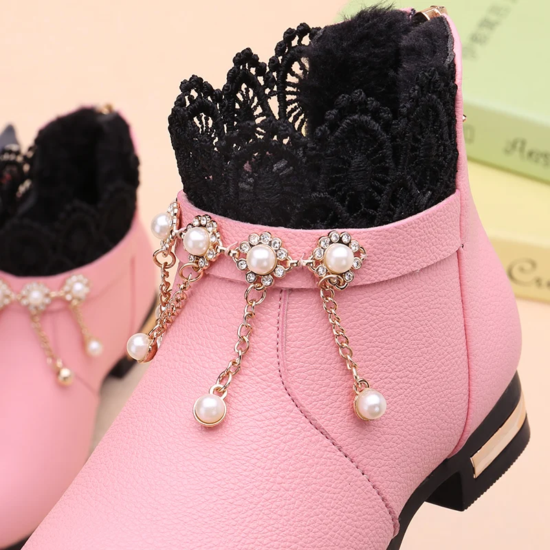 Fashion Lace Lace Beads Tassel Princess Leather Boots For Girls Size Kids Warm Shoes Children Waterproof Boots 4- 12 Year Old