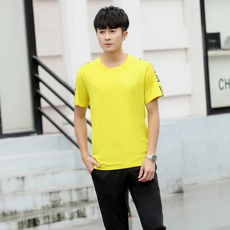 men yellow Женский мужской спортивный костюм спортивная летняя повседневная штаны для пробежек тренировка набор полосатая рубашка с надписью Толстовка+ штаны - Цвет: men yellow