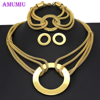 

AMUMIU Luxury African double chain snake chain jewelry sets for women men necklace earrings bracelet set gold steel color JS228