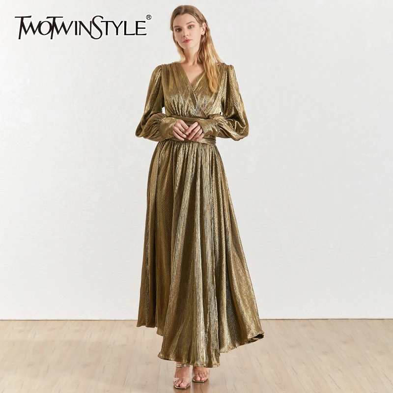 

TWOTWINSTYLE velet Dresses For Women V Neck Lantern Long Sleeve High Waist maxi Dresses Female 2019 vintage Fashion New