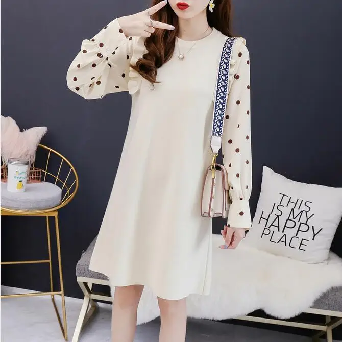 A1155Apricot Зима Материнство Мода Платье для кормящих горошек лоскутное Грудное вскармливание платье офис леди халат для кормящих женщин - Цвет: A1155Apricot