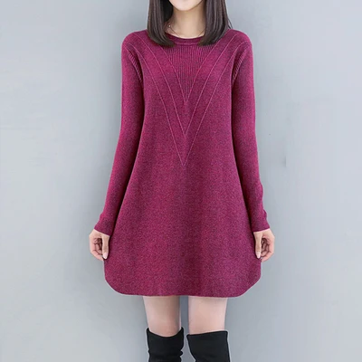 wine red Осенне-зимний женский свитер трапециевидной формы, свободное повседневное мини трикотажное платье для женщин, пуловер с круглым вырезом и длинным рукавом размера плюс 4XL f2426 - Цвет: wine red