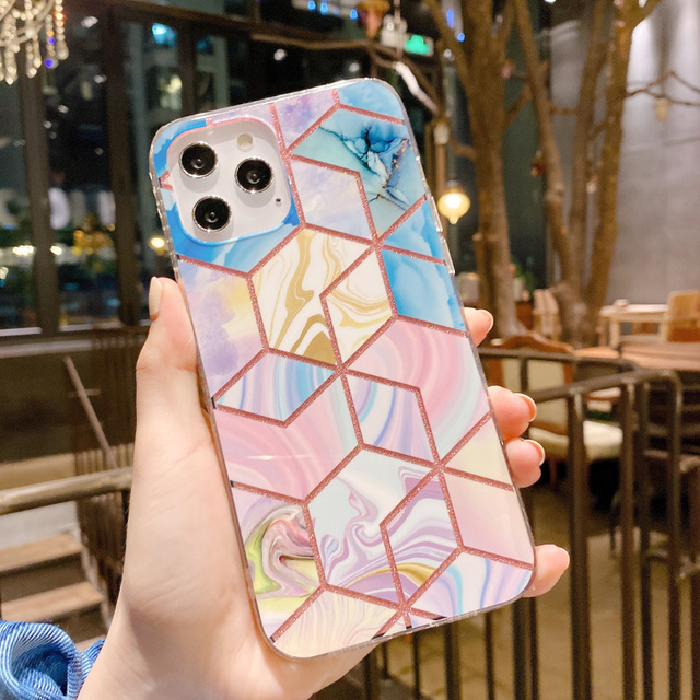 Luxury Rose Geometric Marble Soft Phone Case For Iphone 12 Mini 11 13 Pro XS MAX X XR SE 2020 7 8 Plus Shockproof Cover