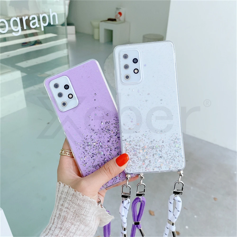 Crossbody Lanyard Strap Glitter Cell Phone Case with Silicone Cover