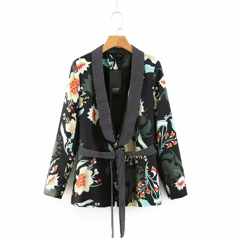 

2018 Western Style Autumn And Winter WOMEN'S Dress New Style Stripes Printed Belt Suit Tops
