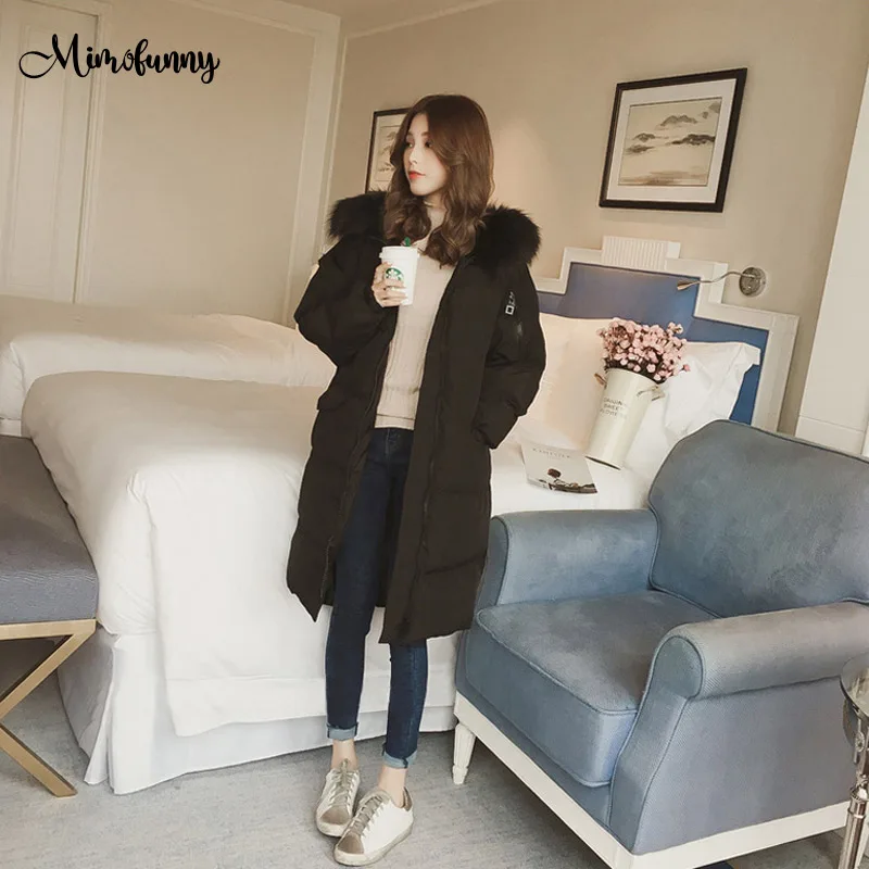 

Mimofunny Winter Women's Down Jacket Padded Hooded Jacket Ultra Light Coat Female Warm Solid Long Overcoat Fur Collar Parkas