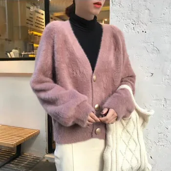 

Warm Fall Knitted Cardigan Sweater With Button White Casual Long Sleeve V-Neck Open Stitch Outwear Fall Knitting Coat Ladies