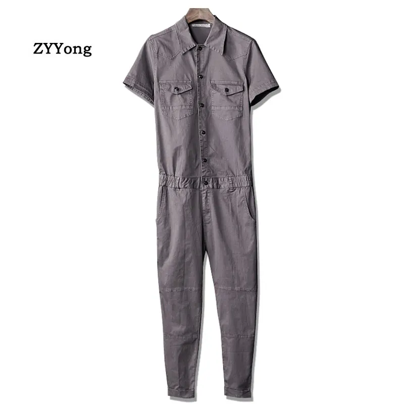 

New Summer Ankle Length Men's Short Sleeve Jumpsuits Bib Overalls Blue Grey Retro Leisure Pants Fashion Slim Freight Trousers