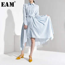 [EAM] женское синее асимметричное Плиссированное Платье-рубашка, новинка, с отворотом, с длинным рукавом, свободный крой, модный стиль, весна-осень, JO66505